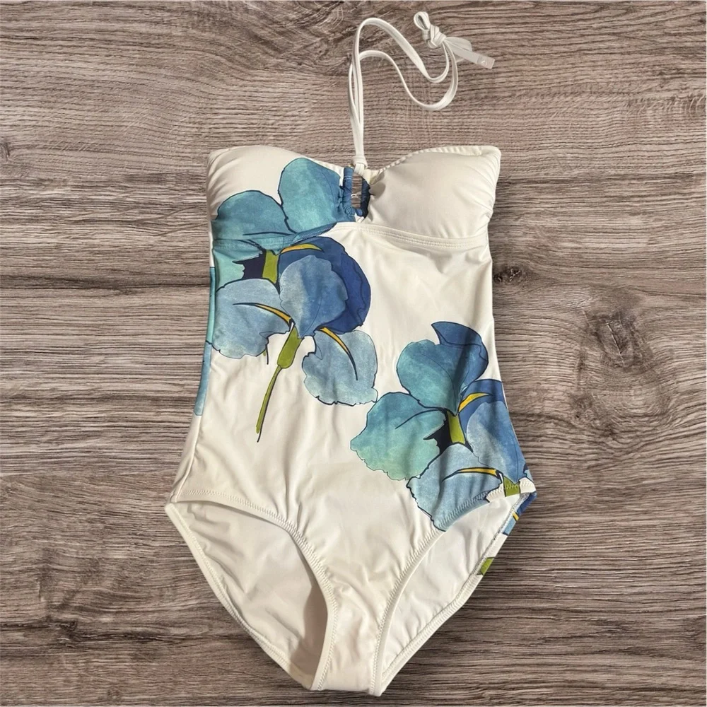 NWT Tory Burch Iris Print Persica One Piece Halter Swimsuit in White Size Small